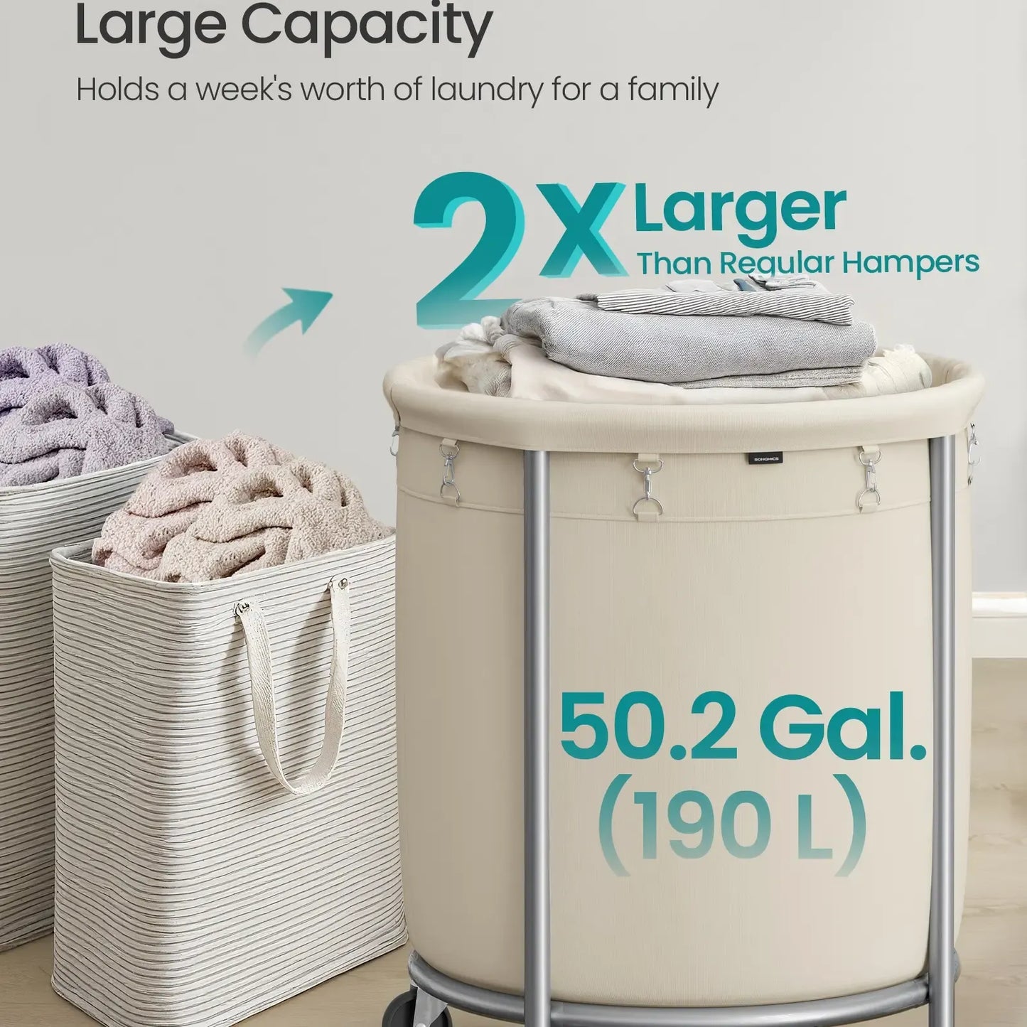 Laundry Basket with Wheels, Rolling Laundry Hamper, Round Laundry Cart with Steel Frame and Removable Bag ,Organiser