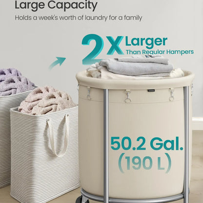 Laundry Basket with Wheels, Rolling Laundry Hamper, Round Laundry Cart with Steel Frame and Removable Bag ,Organiser