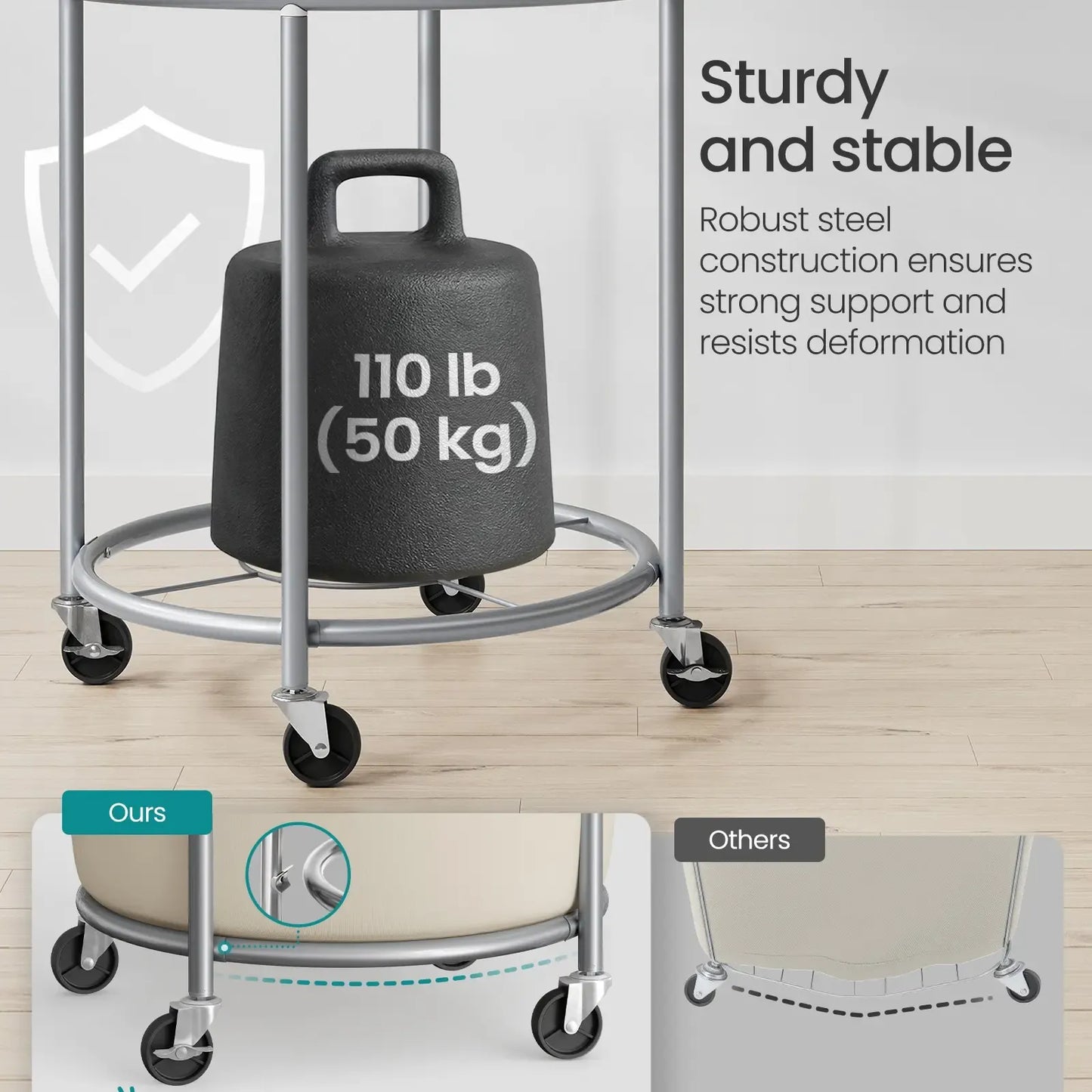 Laundry Basket with Wheels, Rolling Laundry Hamper, Round Laundry Cart with Steel Frame and Removable Bag ,Organiser