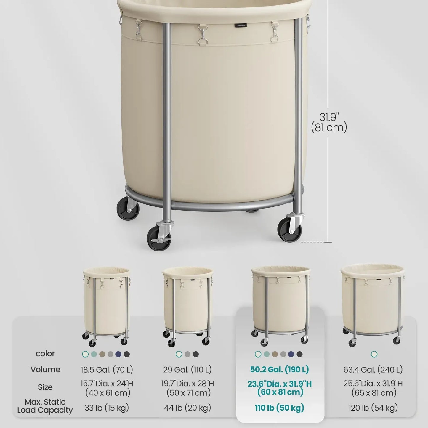 Laundry Basket with Wheels, Rolling Laundry Hamper, Round Laundry Cart with Steel Frame and Removable Bag ,Organiser