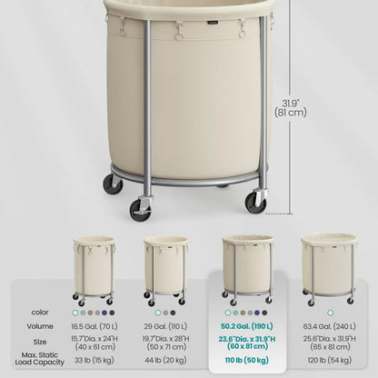 Laundry Basket with Wheels, Rolling Laundry Hamper, Round Laundry Cart with Steel Frame and Removable Bag ,Organiser