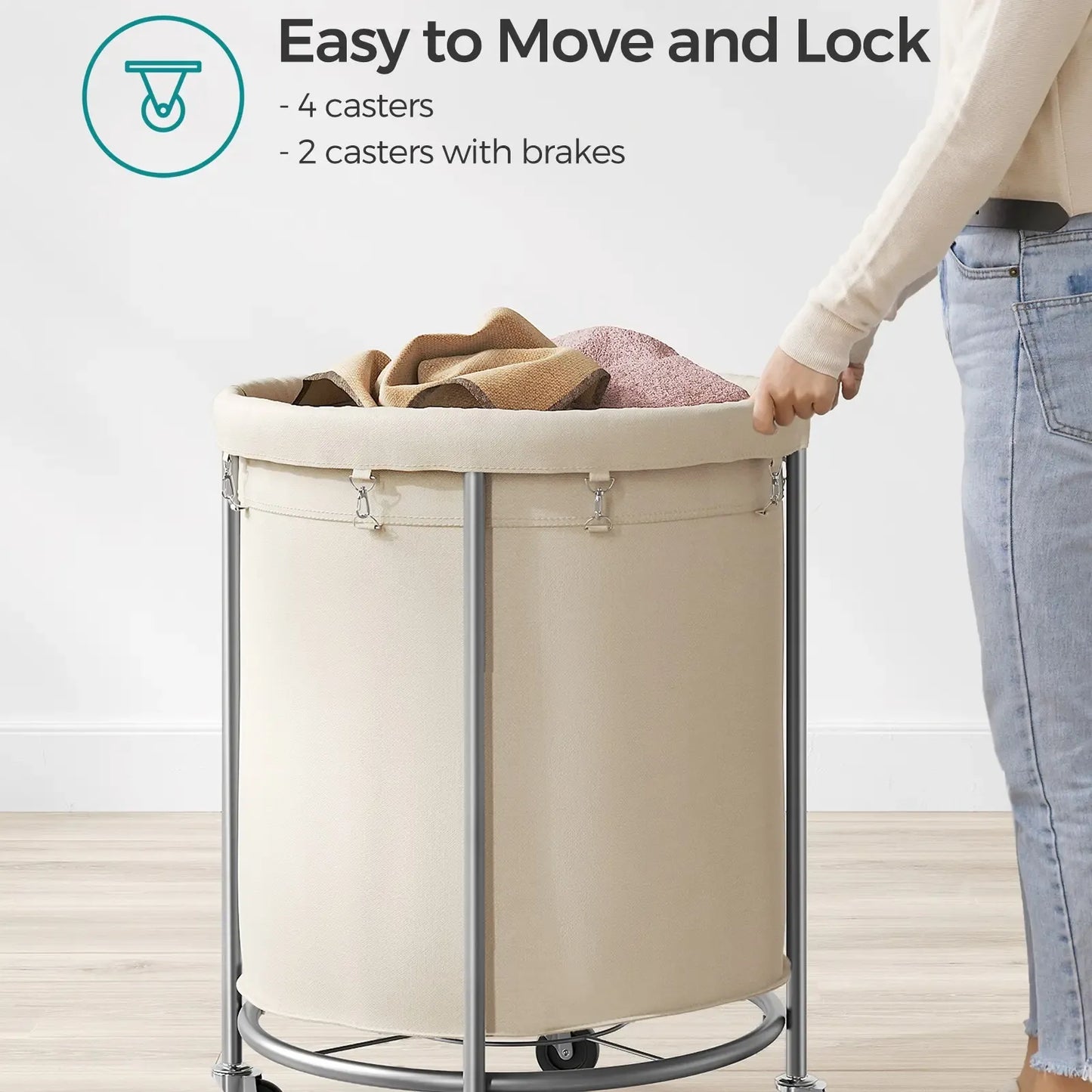 Laundry Basket with Wheels, Rolling Laundry Hamper, Round Laundry Cart with Steel Frame and Removable Bag ,Organiser