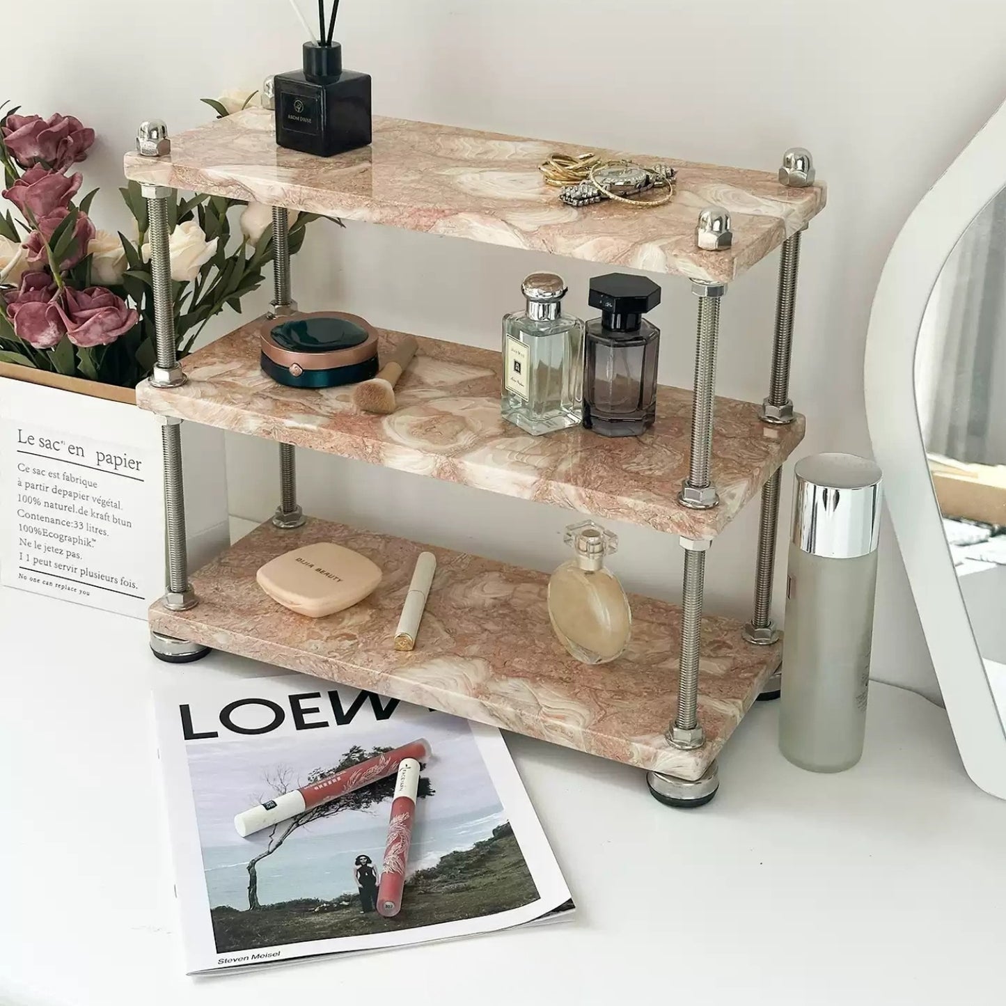 Natural Marble Multi-Tier Organizer | Vanity & Countertop Storage